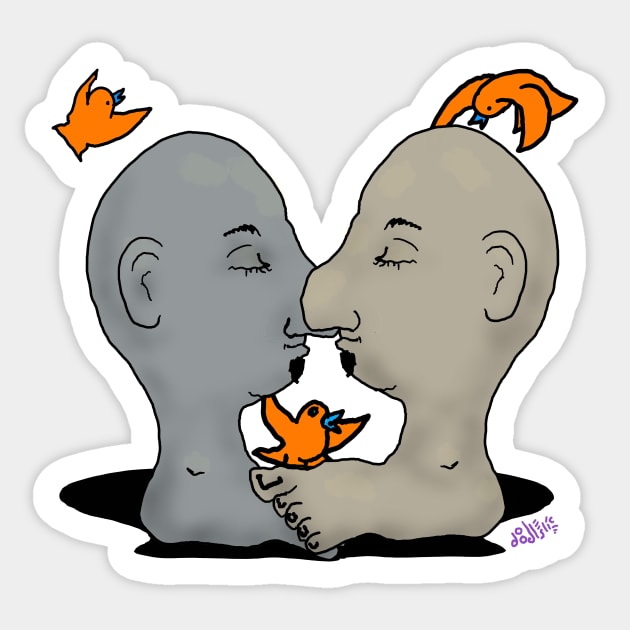 Self Love - two funny cartoon heads and a few birds practicing positivity Sticker by davidscohen